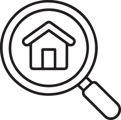 Magnifying glass over a simple outline of a house symbolizing real estate search