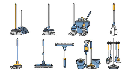 Comprehensive vector icon set depicting various household cleaning tools, including brooms, mops, buckets, sprays, and an organized storage rack, for domestic hygiene tasks