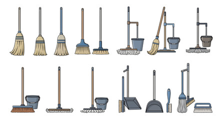 Comprehensive Vector Icon Set Essential Household Cleaning Tools for Domestic Maintenance, Featuring Brooms, Mops, Buckets, Dustpans, and Brushes for Efficient Tidiness
