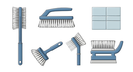 Vector icon set of essential cleaning brushes and household hygiene tools, perfect for domestic chores and sparkling home maintenance, isolated on a clean white background