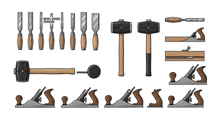 Detailed vector illustration set of traditional woodworking hand tools, featuring chisels, mallets, and various hand planes, presented in a clean flat design ideal for carpentry projects