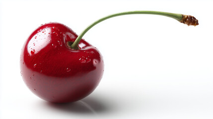 Isolated red cherry fruit with stem close up macro shot on white background for healthy eating concept