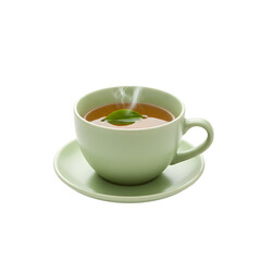 Steaming hot soup in a ceramic cup on a saucer