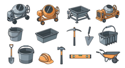 Comprehensive Vector Icon Set Illustrating Essential Construction Tools, Equipment, and Machinery for Building, Renovation, and Industrial Projects, Featuring Worksite Gear and Concrete Mixers