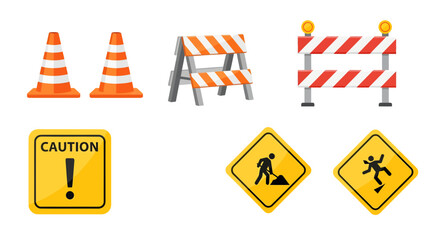 Vector icon set of road safety and construction site caution signs, including traffic cones, barriers, and various warning symbols, isolated on a clean white background