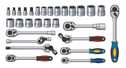 Vector illustration set of socket wrenches, ratchets, extensions, and hex sockets. Essential automotive tools for mechanical repair and workshop tasks