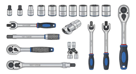 Vector illustration of a comprehensive socket wrench and ratchet tool set, ideal for mechanical repair, automotive maintenance, and various industrial applications