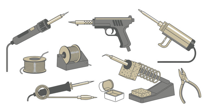 Detailed vector icon set featuring various soldering tools, electrical repair equipment, and accessories for electronics assembly and DIY projects