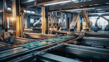 Robotic innovative manufacturing factory with industrial robots producing circuit boards in an automated factory. 
