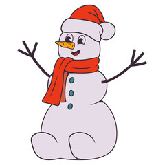 Cheerful Cartoon Snowman Wearing Santa Hat and Red Scarf Sitting Happy with Arms Raised Welcomingly in Simple Style on Transparent Background
