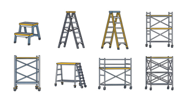 Vector icon set displaying different ladders and mobile scaffolding for elevated tasks, home improvement, and industrial construction access