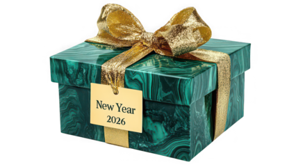 A malachite gift box with a gold ribbon and a tag that says new year two thousand twenty six