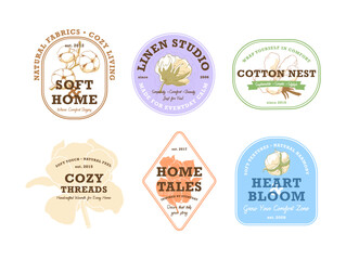 Various logo designs representing home goods brands with a focus on natural fabrics and comfort