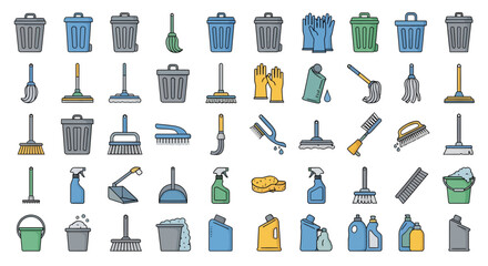 Extensive vector icon set of cleaning tools, household supplies, and sanitation equipment. Modern flat line design with vibrant color fills, suitable for hygiene and maintenance graphic projects