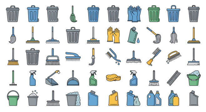 Extensive vector icon set of cleaning tools, household supplies, and sanitation equipment. Modern flat line design with vibrant color fills, suitable for hygiene and maintenance graphic projects
