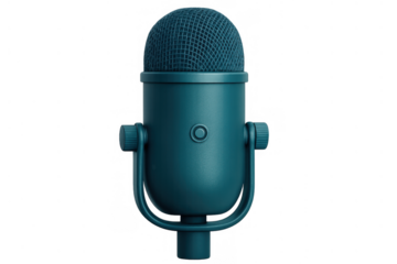 Teal retro microphone rendering for podcasting, voice recording, broadcasting, and audio production on a transparent background