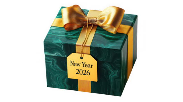 A green marbled gift box with golden ribbon and a new year tag isolated on black background
