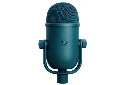 Teal retro microphone rendering for podcasting, voice recording, broadcasting, and audio production on a transparent background - Powered by Adobe