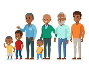 African man of different life stages cartoon characters. Baby, child, teenager, adult, mature and old persons vector illustration isolated