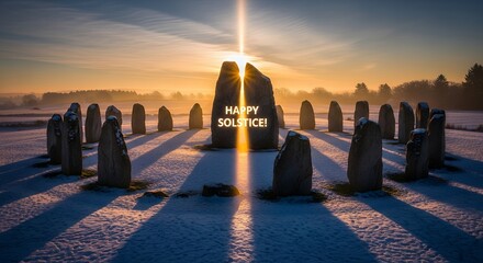 Ancient Stone Circle at Winter Solstice Sunrise with Happy Solstice Text.