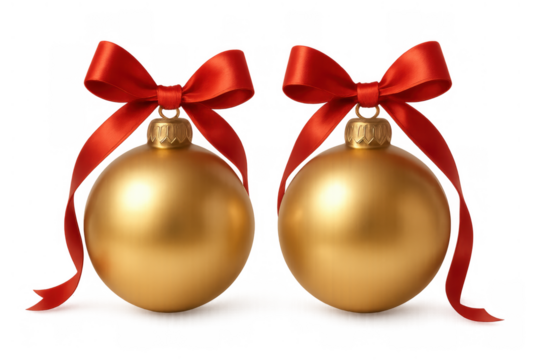Two golden christmas baubles with red ribbon bows, celebrating festive holidays in a decorative style