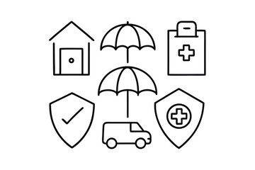 Collection of Insurance and Protection Icons with House Car Umbrella Shield and Medical Symbols