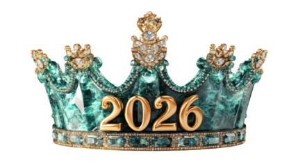 A glittering emerald crown adorned with the year two thousand twenty six on a black background