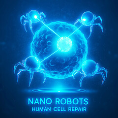 Scientist examining virus cell hologram with glowing futuristic blue background.