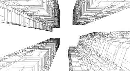 Business district of a big city in black and white art line style.