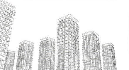 Business district of a big city in black and white art line style.