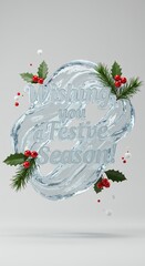 Festive Season Greeting with Holly and Pine Branches on a Swirling Ice Background.