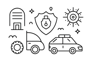 Security and Protection Icons Including Police Car Shield and Building vehicle siren