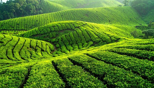 Lush, rolling green hills of a tea plantation under bright sunlight - Powered by Adobe
