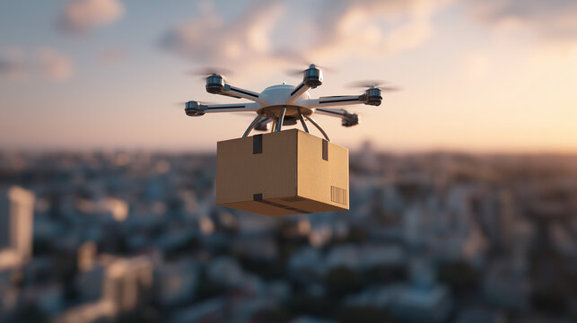 drone delivering package, futuristic logistics