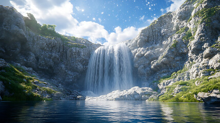 Fototapeta premium Breathtaking waterfall cascading into serene lake surrounded by rugged cliffs and lush greenery