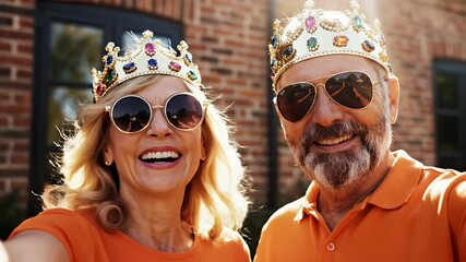Joyful Senior Couple Wearing Crowns And Sunglasses Taking Selfie Outdoors with Warm Sunlight and Brick Background