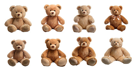 Variety of Soft Plush Teddy Bears in Different Colors and Textures, PNG bundle collection, Isolated on Transparent Background