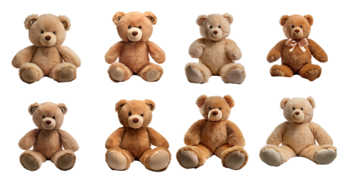 Variety of Soft Plush Teddy Bears in Different Colors and Textures, PNG bundle collection, Isolated on Transparent Background - Powered by Adobe