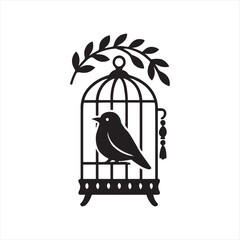Fototapeta premium Elegant silhouette of a bird perched inside an ornate vintage birdcage adorned with a leafy branch