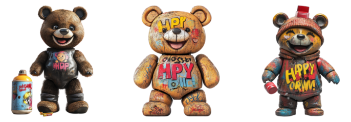 Colorful Cartoon Bears with Graffiti Art and Playful Expressions Isolated Transparent Background