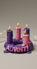 Handmade Advent Wreath with Purple and Pink Candles and String Lights.