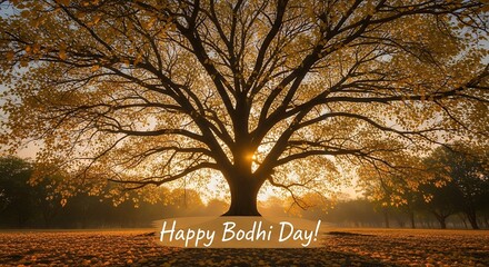 Happy Bodhi Day greeting with a majestic tree at sunset, symbolizing enlightenment and peace.