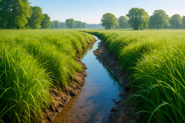 Obraz premium A narrow muddy creek flows between tall green grass under a clear blue sky with trees in the distance creating a peaceful rural landscape on a sunny summer day outdoors