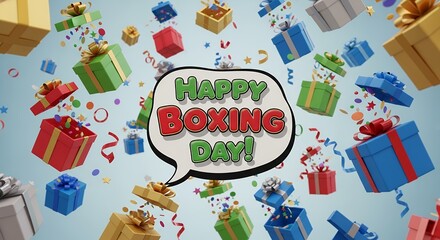 Happy Boxing Day Celebration with Falling Gift Boxes and Confetti.