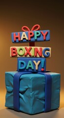 Happy Boxing Day message on colorful blocks atop a blue gift box.