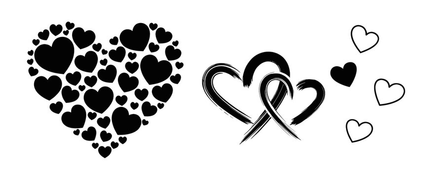 Collection of heart shapes in black color isolated on transparent background