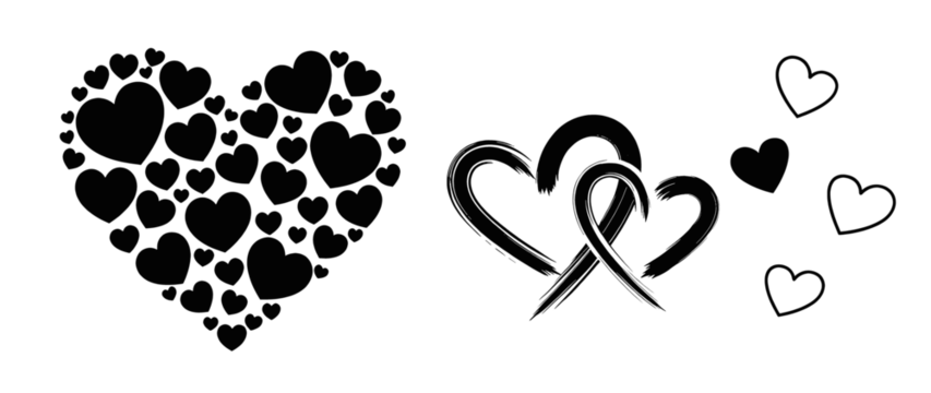 Collection of heart shapes in black color isolated on transparent background