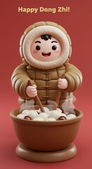 Happy Dong Zhi Festival - Adorable Cartoon Character in Winter Attire Preparing Tangyuan.