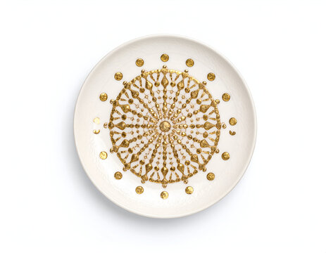 An elegant white porcelain bowl with a luxurious hand-applied gold mosaic design featuring a geometric pattern of stars and hexagons, isolated on a white background - Powered by Adobe