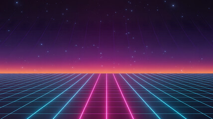 Retro futuristic grid landscape synthwave style background with neon lights vector illustration for 
